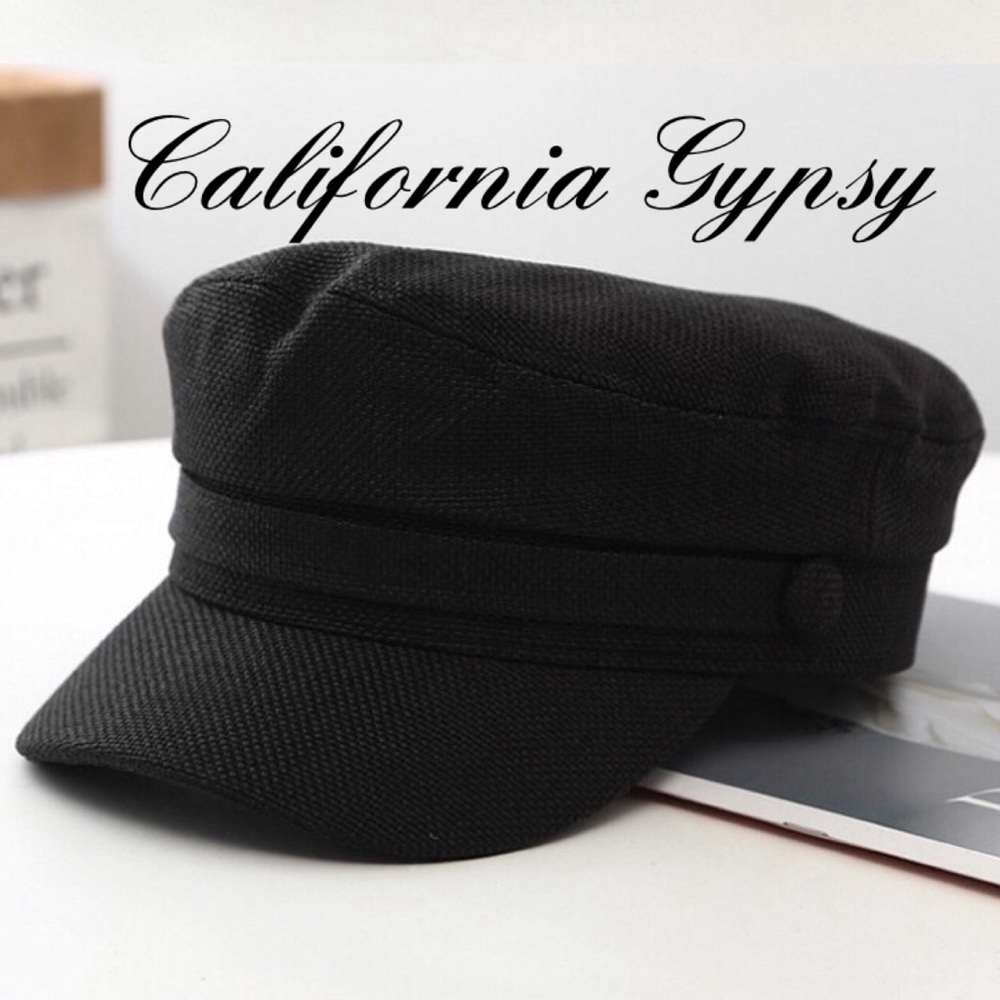 Black Newsboy Cap with Structured Crown and Short Brim